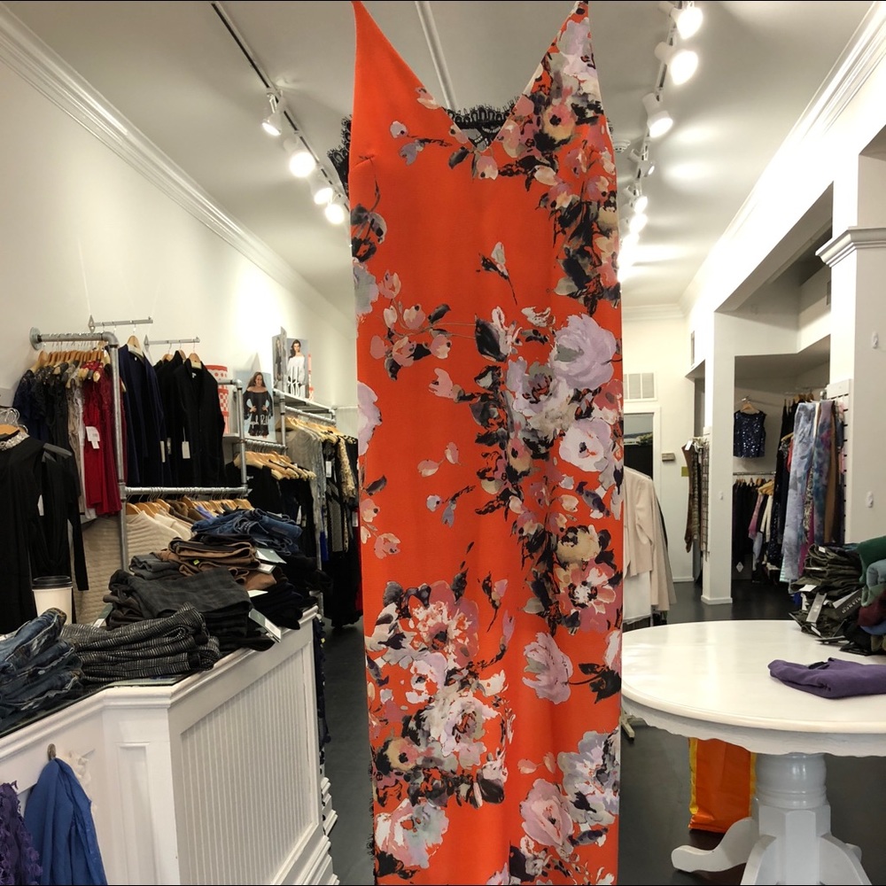 Orange print silk maxi by Allen Schwartz